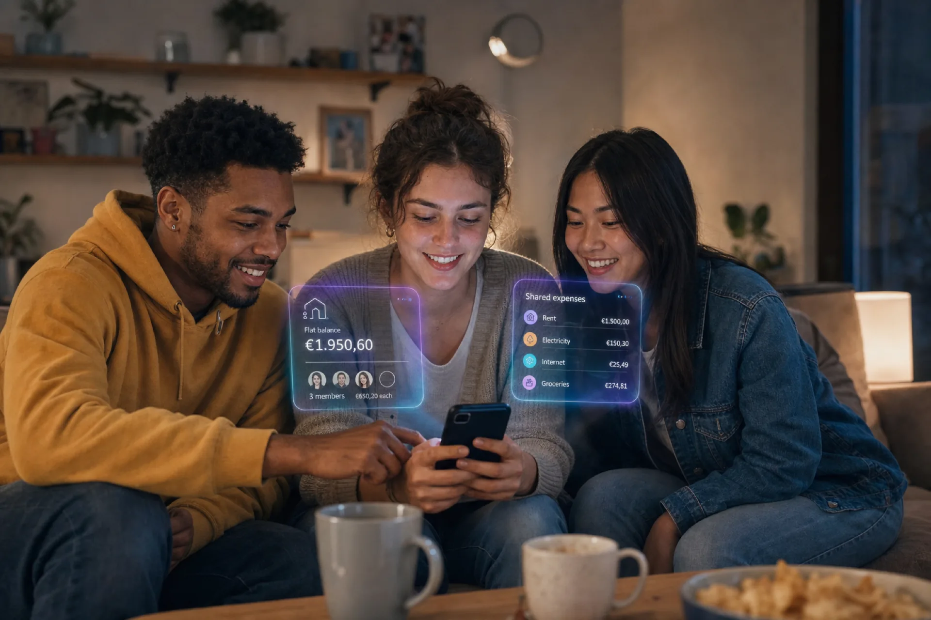 Roommates managing shared flat expenses together at home