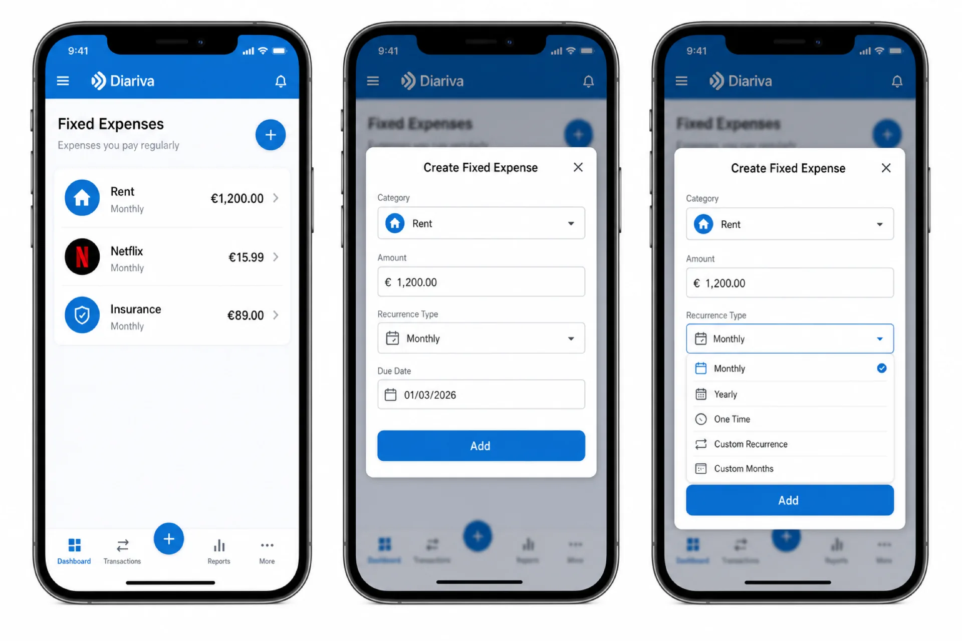 Expense reminder notifications in the Diariva app