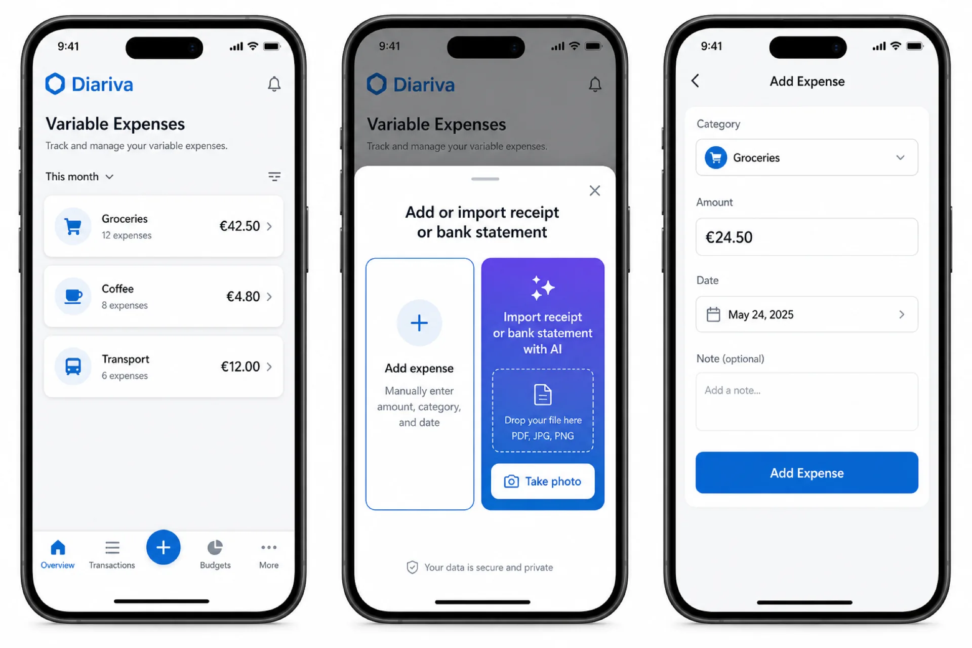 Diariva variable expenses list with categories and receipt scan on a phone