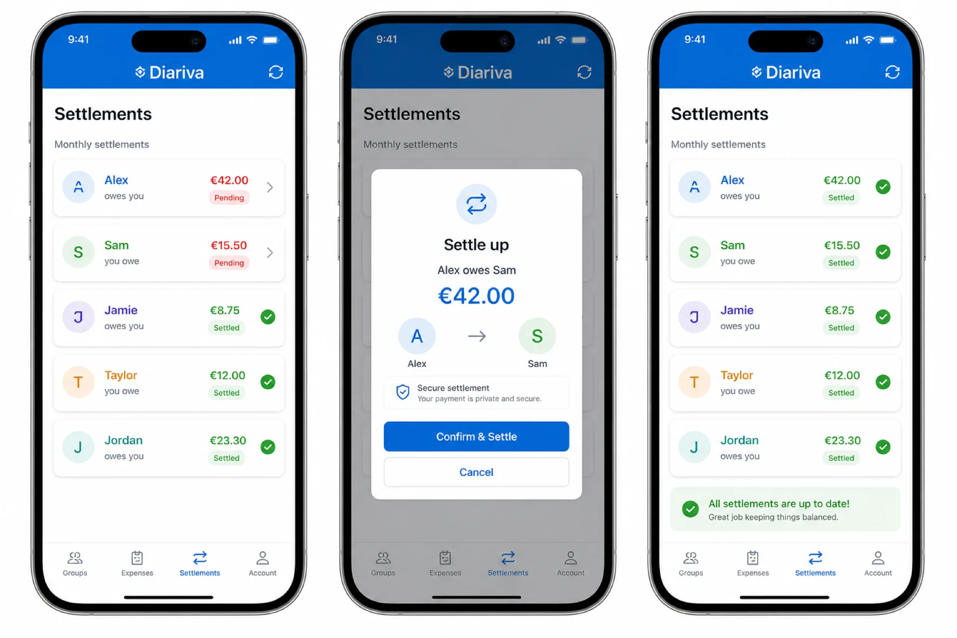 Settlement suggestions and payment recording in Diariva