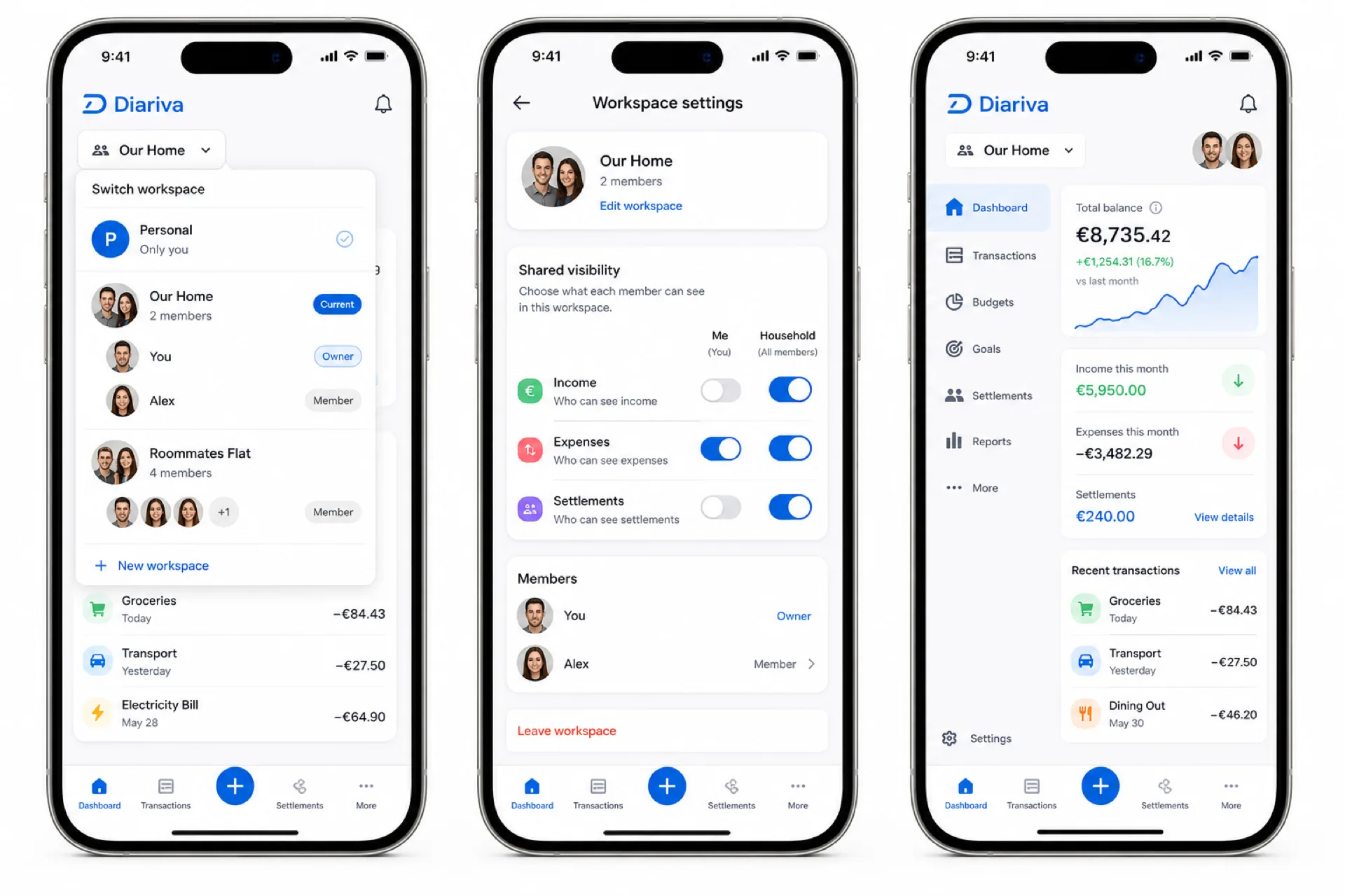 Workspace switcher showing personal and shared households