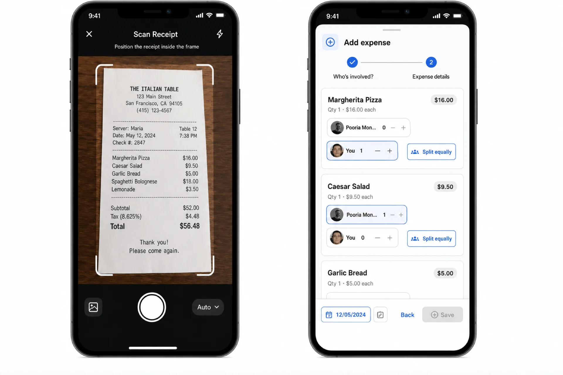 Receipt scan assigning food items to group members