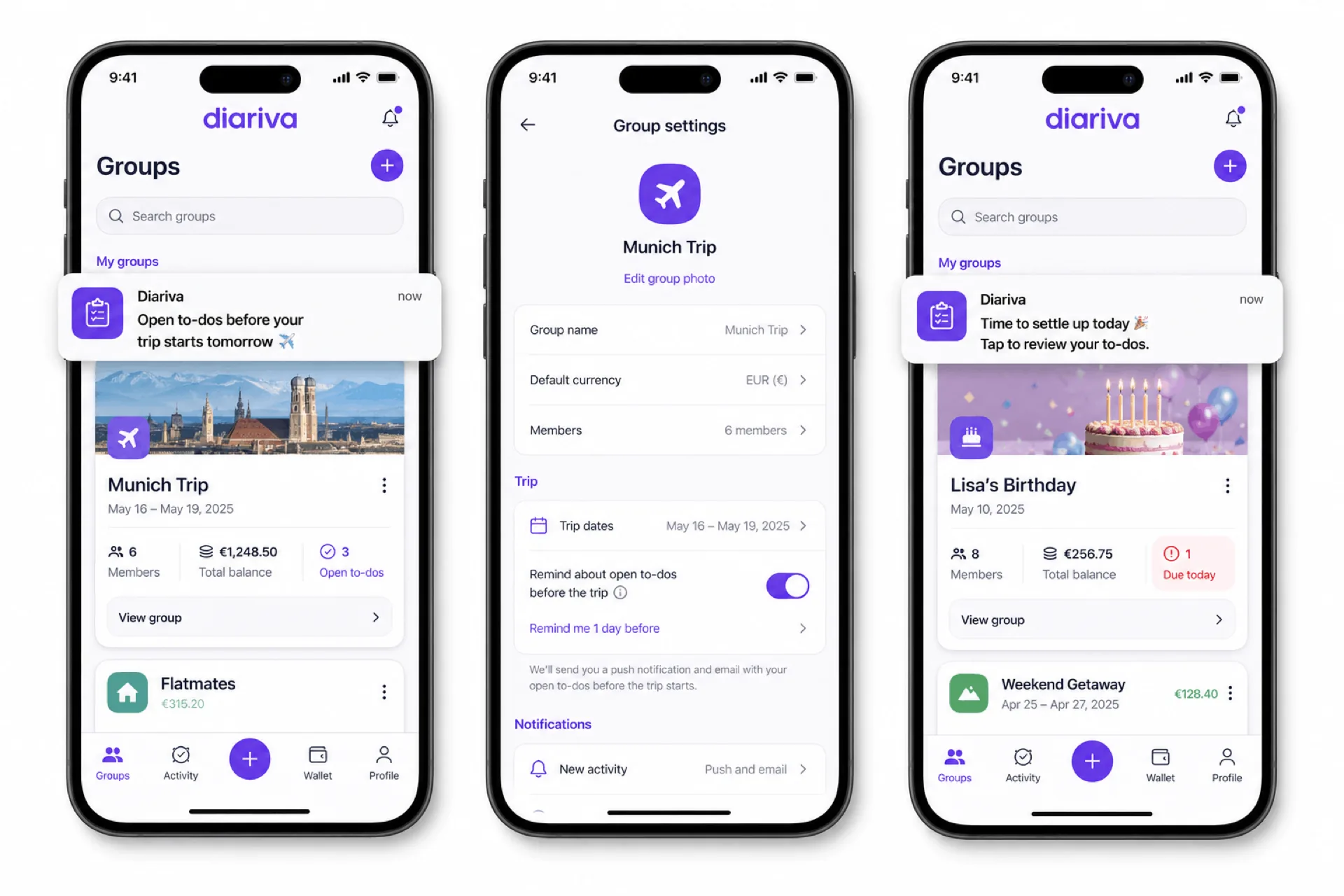 Group reminder notifications for trips, parties, and settle-up on a phone