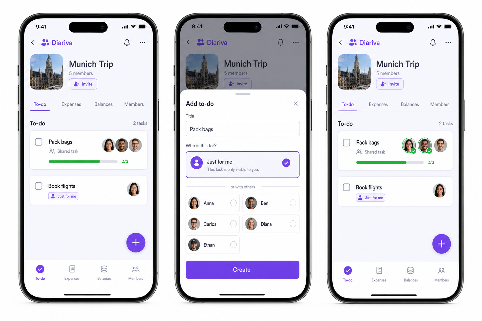 Group to-do list with personal tasks, shared tasks, and per-member progress
