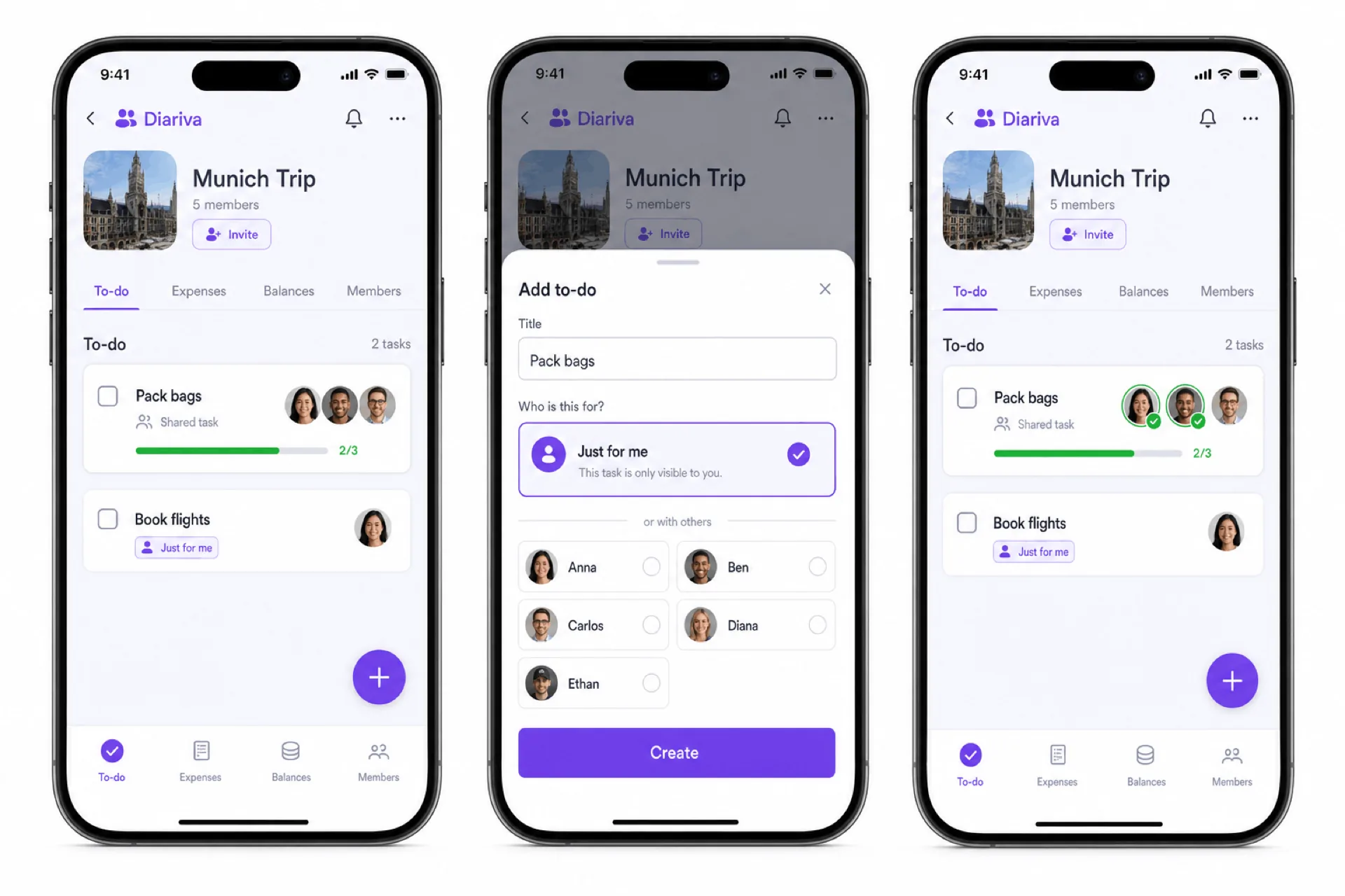 Group to-do list with personal tasks, shared tasks, and per-member progress